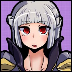 1girl arched_bangs blunt_bangs blush braid coat commentary_request expressionless grey_coat grey_hair half_up_braid long_hair looking_at_viewer lowres open_mouth portrait purple_background ragnarok_iris ragnarok_online red_eyes solo upper_body warlock_(ragnarok_online)