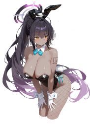 1girl absurdres ahoge animal_ear_hairband animal_ears bare_shoulders black_hair black_leotard blue_archive blue_bow blue_bowtie blush bow bowtie breasts cleavage closed_mouth commentary cropped_legs dark-skinned_female dark_skin detached_collar fake_animal_ears fishnet_pantyhose fishnets gloves gradient_hair hair_between_eyes hairband halo hands_on_thighs highleg highleg_leotard highres karin_(blue_archive) karin_(bunny)_(blue_archive) large_breasts leaning_forward leotard long_hair looking_to_the_side multicolored_hair number_tattoo official_alternate_costume pantyhose playboy_bunny ponytail purple_hair purple_halo rabbit_ear_hairband rabbit_ears rabbit_tail shoulder_tattoo simple_background solo strapless strapless_leotard symbol-only_commentary tail tattoo thighs traditional_bowtie very_long_hair white_background white_gloves yellow_eyes yue3621