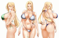 1girl absurdres arms_at_sides ass ass_focus bare_shoulders bikini blonde_hair blue_bikini breasts brown_eyes cleavage collarbone covered_erect_nipples cowboy_shot facial_mark forehead_mark from_behind from_side green_bikini grey_bikini hair_behind_ear hands_on_own_hips highres jewelry konohagakure_symbol large_breasts legs_together long_hair looking_at_viewer looking_back low_twintails multiple_views nail_polish naruto naruto_(series) navel necklace parted_bangs pendant red_nails saburo_des side-tie_bikini_bottom sideboob sidelocks smile swimsuit thighs thong_bikini tsunade_(naruto) twintails twitter_username underboob white_background wide_hips