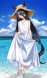 1girl :d animal_ears barefoot black_hair blue_sky cloud cloudy_sky day dress hair_between_eyes hat highres horse_ears horse_girl horse_tail kuronosu_(yamada1230) long_hair long_hair_between_eyes looking_at_viewer manhattan_cafe_(umamusume) ocean open_mouth outdoors sky smile soaking_feet solo standing sun_hat sundress tail toes umamusume white_dress yellow_eyes