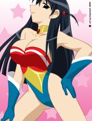 arm_on_thigh black_hair blue_gloves collar cosplay gloves leotard long_hair looking_at_viewer pigtail_braids school_rumble tsukamoto_tenma twintails wonder_woman wonder_woman_(cosplay)