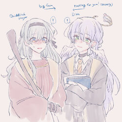 ! 2girls alternate_costume alternate_universe arrow_(symbol) black_choker black_coat black_hairband black_ribbon blue_eyes blush book broom brown_gloves choker closed_mouth coat collared_shirt commentary crossover english_commentary english_text feathered_wings firefly_(honkai:_star_rail) gloves green_eyes grey_hair hair_between_eyes hair_ribbon hairband halo harry_potter_(series) head_wings hogwarts_school_uniform holding holding_book holding_broom honkai:_star_rail honkai_(series) hufflepuff jewel_under_eye long_hair long_sleeves looking_at_another multicolored_eyes multiple_girls necktie open_clothes open_coat open_mouth puffy_long_sleeves puffy_sleeves purple_hair red_coat red_sweater ribbon robin_(honkai:_star_rail) school_uniform shirt simple_background single_sidelock smile spoken_exclamation_mark striped_clothes striped_necktie striped_sweater sweatdrop sweater two-sided_coat two-sided_fabric upper_body white_background white_shirt wide_sleeves wings wizarding_world xxxxxio55 yellow_coat yellow_eyes yellow_necktie yuri