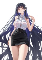 1girl absurdly_long_hair absurdres alvitr_(azur_lane) alvitr_(muspel&#039;s_torrid_secrets)_(azur_lane) armpit_crease azur_lane black_hair blue_hair breasts button_gap cleavage curvy hand_up highres kuuhaku_(pskf2372) large_breasts long_hair miniskirt multicolored_hair official_alternate_costume pencil_skirt red_eyes shirt shirt_tucked_in side_slit simple_background skirt sleeveless sleeveless_shirt solo thighs two-tone_hair very_long_hair white_background white_shirt
