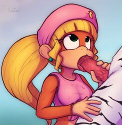 1boy 1girl artist_name bare_shoulders blonde_hair blue_background blunt_bangs body_fur breasts brown_fur collarbone commission covered_erect_nipples crop_top dixie_kong donkey_kong_(series) drooling earrings erection fellatio furry furry_female furry_male furry_with_furry green_eyes hand_on_another&#039;s_thigh hands_up hat hetero interspecies jewelry kekitopu long_hair looking_at_another looking_up medium_breasts monkey_girl nintendo open_mouth oral penis pink_hat pink_shirt ponytail saliva shirt sidelocks signature simple_background sleeveless sleeveless_shirt solo_focus spiked_penis tied_shirt tongue tongue_out upper_body