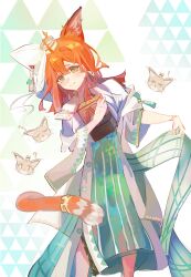 Rule 34 | !, 1girl, ?, absurdres, ahoge, animal ears, arknights, bie rou jiang, book, cat ears, cat girl, cat tail, chibi, chibi inset, chinese commentary, closed mouth, commentary request, dress, earrings, embarrassed, feet out of frame, green dress, green pupils, hair between eyes, highres, holding, holding book, jewelry, medium hair, orange hair, orange tail, papyrus (arknights), partial commentary, skirt hold, solo, sound effects, split mouth, standing, tail, uroko (pattern), white dress, yellow eyes, zzz