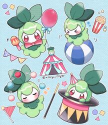 &gt;_&lt; animal_focus ball balloon blue_background blue_bow blue_bowtie blush bow bowtie closed_eyes colored_skin commentary_request creatures_(company) flag food game_freak gen_5_pokemon green_skin hat instrument juggling leaf maracas mochopaccho multiple_views musical_note nintendo no_humans petilil pokemon pokemon_(creature) popcorn red_eyes simple_background sparkle tent wand white_skin