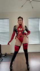 1girl animated ass breasts cleavage cleavage_cutout clothing_cutout cosplay covered_navel deadpool_(series) duel_monster highleg highleg_leotard highres indoors lady_deadpool lady_deadpool_(cosplay) leotard looking_at_viewer marvel mask musclemommycosplay real_life red_leotard revealing_clothes shiny_clothes skindentation smile solo sound superhero_costume tagme thighs thong_leotard video wide_hips