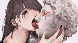 Rule 34 | 1girl, aegyo sal, bare shoulders, black eyes, blush, brown hair, commentary, earlobe stretcher, earpiece, earrings, eyelashes, face piercing, grey background, highres, jewelry, licking, lips, lipstick, long hair, looking at viewer, makeup, mano aaa, mole, mole on cheek, nose piercing, open mouth, original, piercing, portrait, red lips, saliva, solo, statue, swept bangs, tongue, tongue out, x
