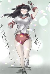 1girl absurdres alternate_costume alternate_hairstyle arm_up black_hair blush bouncing_breasts breasts buruma clenched_hands closed_eyes fingerless_gloves gloves hair_ribbon happy highres japanese_text large_breasts legs long_hair midriff_peek nakoruru navel navel_peek open_mouth pink_lips ribbon running samurai_spirits shirt smile snk solo sports_festival sports_uniform sportswear the_king_of_fighters thighs tongue traditional_media translation_request twintails very_long_hair