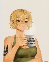 1girl arm_tattoo artist_name blonde_hair breasts brown_eyes cleavage commentary cup english_commentary green_tank_top hair_between_eyes half-closed_eyes highres holding holding_cup marichka medium_breasts meme_attire military nazi original propaganda short_hair signature smile smug solo tank_top tattoo tryzub upper_body usergore white_background