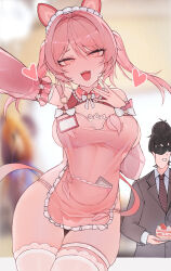 1boy 1girl absurdres adjutant_(snowbreak) apron blush fritia_ignis heart highres long_hair looking_at_viewer naked_apron open_mouth oreshki pink_eyes pink_hair skindentation snowbreak:_containment_zone solo_focus tagme thighhighs twintails