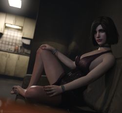 1girl 3d artist_request barefoot breasts brown_hair cleavage dress eileen_galvin full_body highres legs_apart lips looking_to_the_side medium_breasts short_hair silent_hill silent_hill_(series) silent_hill_4:_the_room sitting solo