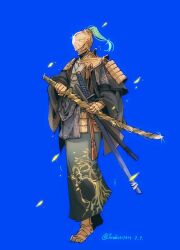 Rule 34 | 1boy, armor, blue background, covered eyes, elden ring, elden ring nightreign, executor (elden ring), falling leaves, full body, helmet, helmet over eyes, highres, holding, holding sword, holding weapon, japanese clothes, katana, leaf, male focus, multiple swords, scabbard, sheath, solo, standing, sword, twitter username, weapon, ya ya (jiling651), yellow leaves