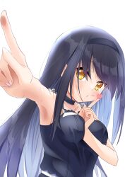 Rule 34 | 1girl, absurdres, arm between breasts, armpits, bare arms, bare shoulders, between breasts, black choker, black hair, black hairband, bloom, blowing kiss, blush, breasts, choker, collarbone, commentary, eyebrows hidden by hair, fingernails, foreshortening, frilled choker, frills, hair between eyes, hairband, heart, heart-shaped pupils, highres, index fingers raised, kushima kamome, long hair, looking at viewer, medium breasts, miraikanai, o3o, outstretched arm, puckered lips, sidelocks, simple background, solo, straight hair, summer pockets, symbol-shaped pupils, upper body, very long hair, white background, yellow eyes