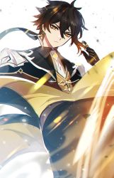 1boy black_gloves black_hair brown_hair closed_mouth collar collared_shirt earrings formal_clothes genshin_impact gloves hair_between_eyes jacket jewelry kicking long_hair looking_at_viewer male_focus multicolored_hair necktie ponytail shirt simple_background single_earring solo sssss2222 suit tassel tassel_earrings white_background yellow_eyes zhongli_(genshin_impact)