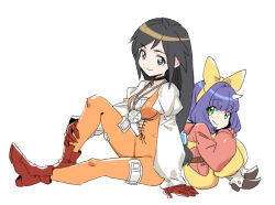 2girls black_hair blue_hair bodysuit bow breasts brown_eyes choker dede_(qwea_00000) eiko_carol final_fantasy final_fantasy_ix garnet_til_alexandros_xvii gloves green_eyes hair_bow horns long_hair long_sleeves low-tied_long_hair multiple_girls orange_bodysuit puffy_sleeves red_gloves short_hair single_horn sitting smile yellow_bow