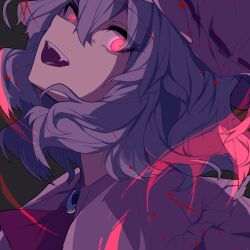 1girl ascot blonde_hair blood blood_spray blue_hair blush bow brooch commentary_request dress hair_between_eyes hat jewelry looking_at_viewer maid_headdress mob_cap open_mouth pink_hat purple_hair red_ascot red_eyes remilia_scarlet shitoo short_hair simple_background smile solo touhou