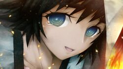 1girl aqua_eyes black_hair black_trim blue_dress blue_eyes bob_cut close-up collar collarbone crying crying_with_eyes_open dress fire flying_teardrops frilled_collar frills game_cg highres huke looking_at_viewer medium_hair official_art open_mouth pink_frills puffy_short_sleeves puffy_sleeves ringed_eyes shiina_mayuri shiny_lips short_sleeves solo sparks square_pupils steins;gate steins;gate:_linear_bounded_phenogram tareme teardrop tears thick_eyebrows tongue