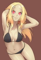 1girl absurdres armpits arms_up bikini black_bikini blonde_hair breasts brown_background closed_mouth collarbone commentary dark-skinned_female dark_skin english_commentary female_focus forehead gravity_daze hands_on_own_head highres kitten_(gravity_daze) long_hair looking_at_viewer medium_breasts navel nickleflick red_eyes revision shiny_skin sidelocks simple_background solo string_bikini swimsuit wide-eyed