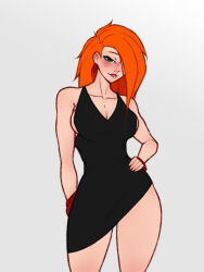 1girl absurdres alternate_breast_size black_dress blush bracelet breasts chaotic_spellkasper cleavage collarbone curvy disney dress earrings eyebrows eyelashes eyeliner female_focus fringe_trim green_eyes hair_over_one_eye half-closed_eyes hand_on_own_hip highres image_sample jewelry kim_possible kim_possible_(series) large_breasts lip_biting lips lipstick makeup messy_hair muscular muscular_arms muscular_female narrow_waist orange_hair red_lips revealing_clothes sideboob solo spellkasper thick_lips thick_thighs thigh_gap thighs tight_clothes tight_dress wide_hips