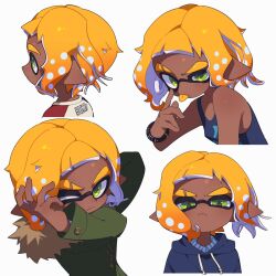 1boy :p akanbe blonde_hair blue_hoodie blue_tank_top bracelet coat colored_tongue commentary_request dark-skinned_male dark_skin drawstring eyebrow_cut eyelid_pull fur-trimmed_coat fur_trim gradient_hair green_coat green_eyes highres hood hood_down hoodie inkling inkling_boy inkling_player_character jewelry male_focus multicolored_hair multiple_views nintendo orange_hair pointy_ears short_hair simple_background splatoon_(series) surume01417 tank_top tentacle_hair thick_eyebrows tongue tongue_out white_background yellow_tongue