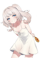 1girl absurdres arms_behind_back blue_eyes collarbone dress flat_chest food grey_hair highres holding holding_food hot_dog marimari_(vtuber) medium_hair phase_connect shadow side_ponytail sleeveless sleeveless_dress smile solo valefal_coneri virtual_youtuber white_background white_dress