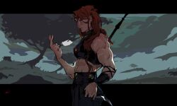 1girl abs barbarian black_border border cloudsofcotton dagger forest greatsword headband holding holding_dagger holding_knife holding_weapon knife leather_skirt long_hair looking_to_the_side muscular muscular_female nature original red_hair single_vambrace solo sword tank_top tree vambraces weapon