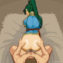 1boy 1girl abs all_fours animated animated_gif ass bandit_(fire_emblem) bed bed_sheet bent_over captured censored defeat doggystyle fire_emblem fire_emblem:_the_blazing_blade from_above grabbing_another&#039;s_ass green_hair groping lyn_(fire_emblem) migal_(fire_emblem) mosaic_censoring muscular muscular_male nintendo on_bed period_periodot pixel_art ponytail rape sex sex_from_behind uncensored vaginal