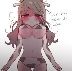 1girl animal_ears animal_print aozora_kyoka bikini blush breasts cow_ears cow_horns cow_print cow_print_bikini cow_print_thighhighs elbow_gloves full-face_blush gloves grey_hair horns long_hair medium_breasts navel original print_bikini print_gloves print_thighhighs simple_background sketch swimsuit thighhighs white_background yasashii_naizou