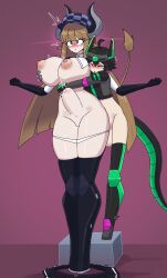 1boy 1girl absurdres ahoge animal_ears black_hair black_skirt blush borrowed_character bottomless breasts brown_hair clenched_hands closed_eyes closed_mouth clothes_lift cow_ears cow_girl cow_horns cow_tail doce dragon_tail full_body gauntlets grabbing_another&#039;s_breast grey_eyes groping hat headpiece hetero highres horns hug hug_from_behind huge_penis large_breasts large_testicles long_hair mechanical_legs navel nipples nude original panties panty_pull parted_lips penis purple_background pussy sex sex_from_behind shirt shirt_lift skirt stomach_bulge sweat tail testicles uncensored underwear unworn_skirt vaginal white_panties white_shirt