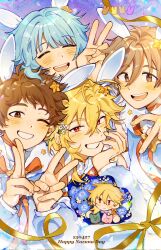 Rule 34 | 4boys, animal ears, blonde hair, blue flower, blue hair, blue shirt, blush, bouquet, brown eyes, brown hair, character doll, closed eyes, corrupted twitter file, double v, english text, ensemble stars!, fake animal ears, flower, grin, hair ornament, happy birthday, head rest, highres, itsuki shu, joikzo, kagehira mika, long sleeves, male focus, mashiro tomoya, multiple boys, nito nazuna, one eye closed, open mouth, rabbit ears, rabbits (ensemble stars!), red eyes, ribbon, shino hajime, shirt, short hair, smile, star (symbol), star hair ornament, tenma mitsuru, v, yellow ribbon
