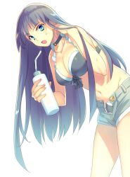 1girl bare_shoulders bikini black_bikini blue_eyes blue_shorts bottle breasts choker cleavage cross cross_necklace denim denim_shorts drink drinking_straw echo_(circa) fate/grand_order fate_(series) jewelry large_breasts leaning_forward long_hair martha_(fate) martha_(swimsuit_ruler)_(fate) navel necklace open_clothes open_mouth open_shorts purple_hair shorts solo sweat swimsuit thighs water_bottle white_background