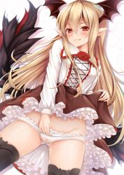 1girl black_thighhighs blonde_hair blush breasts brown_skirt brown_wings closed_mouth clothes_lift collared_shirt commentary_request female_focus frilled_shirt_collar frilled_skirt frills granblue_fantasy groin hair_between_eyes head_wings heart heart_background highres kanopan lifting_own_clothes long_hair looking_at_viewer panties panty_pull pointy_ears pussy_juice red_eyes shirt skirt skirt_lift small_breasts solo thighhighs tongue tongue_out underwear vampy very_long_hair wet wet_clothes wet_panties white_panties white_shirt wings