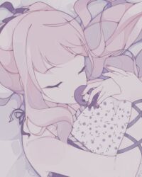 1other akiyama_mizuki arm_ribbon bed black_camisole camisole character_cookie closed_mouth cookie eyelashes eyeliner floral_print food highres holding holding_cookie holding_food hugging_object long_hair lying makeup muted_color nail_polish on_back on_bed oogypng other_focus pillow pillow_hug pink_hair print_pillow project_sekai ribbon shinonome_ena side_ponytail sleeping smile solo spaghetti_strap upper_body wavy_hair