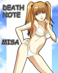 Rule 34 | amane misa, bikini, blonde hair, blue eyes, cloud, death note, hand on own hip, hip focus, smile, swimsuit, twintails