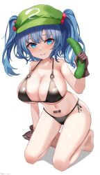 1girl absurdres alternate_costume armpit_crease barcode barcode_tattoo bare_legs barefoot bikini black_bikini blue_eyes blue_hair blush breasts brown_gloves cleavage closed_mouth collarbone commentary cucumber curvy dobostorte eyebrows_hidden_by_hair eyelashes eyes_visible_through_hair food full_body gloves green_hat hair_between_eyes hair_bobbles hair_ornament halterneck hand_up happy hat highres holding holding_food holding_vegetable kawashiro_nitori kneeling large_breasts looking_at_viewer medium_hair o-ring o-ring_bikini o-ring_top pubic_tattoo shadow side-tie_bikini_bottom simple_background smile solo split_mouth swimsuit tattoo thighs tiptoes touhou two_side_up vegetable white_background