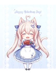 Rule 34 | 1girl, = =, animal ears, blonde hair, blue dress, blush, bow, cat ears, cat tail, chibi, dress, food, hair bow, happy valentine, konshin, long hair, long sleeves, open mouth, original, puffy long sleeves, puffy sleeves, solo, tail, taiyaki, twintails, wagashi