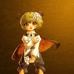 Rule 34 | 1girl, antennae, bad id, bad pixiv id, cape, female focus, flower, gradient background, green hair, hair flower, hair ornament, plant, short hair, solo, souri, touhou, wriggle nightbug, yellow eyes