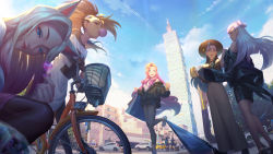 5girls ahri_(league_of_legends) akali animal_ears black_hair blonde_hair blue_eyes blue_eyeshadow brown_eyes brown_hair bubble_tea dress drink evelynn_(league_of_legends) eyeshadow finger_heart floating_hair food fox_ears fox_girl hat heart highres holding holding_drink jacket k/da_(league_of_legends) kai&#039;sa league_of_legends leather leather_jacket long_hair looking_at_viewer looking_down makeup multicolored_hair multiple_girls nail_polish pencil_dress purple_eyes purple_hair purple_nails regition seraphine_(league_of_legends) squatting sun_hat taipei_101 taiwan the_baddest_ahri the_baddest_akali the_baddest_evelynn the_baddest_kai&#039;sa virtual_youtuber