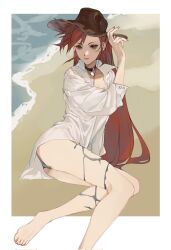 1girl alternate_costume beach border brown_eyes brown_hair buyaozaoqi collared_shirt denim denim_shorts dorothea_coyett fate/samurai_remnant fate_(series) feet_out_of_frame hand_on_headwear hat highres leg_tattoo long_hair looking_at_viewer nail_polish parted_lips pendant_choker sand shirt shorts sitting solo tattoo water waves white_border white_shirt
