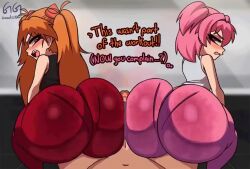 1boy 2girls aged_down animated ass ass_shake audible_speech bouncing_ass buttjob buttjob_over_clothes clothed_female_nude_male cooperative_buttjob doki_doki_literature_club english_audio erection greatestgori huge_ass kyojiri_loli lewdvampkittin long_hair looping_animation multiple_girls musi_cassie natsuki_(doki_doki_literature_club) neon_genesis_evangelion nude orange_hair pants penis pink_hair short_hair sound souryuu_asuka_langley tagme tank_top teamwork_(sexual) tight_clothes twerking video yoga_pants