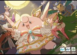 ascot black_dress blue_hat brown_eyes clefable clefable_(elegant) cloud commentary dragonite dragonite_(marine) dress floating flying gen_1_pokemon gen_7_pokemon grass green_hair hat legendary_pokemon long_hair looking_at_viewer mew_(pokemon) mewtwo mewtwo_(dark_lord) moon moonblast_(pokemon) mythical_pokemon n5947136332810 night night_sky nintendo official_alternate_costume open_mouth pink_eyes pokemon pokemon_(creature) pokemon_move pokemon_unite purple_eyes red_ascot red_eyes sailor_hat signature sky smile sparkle tail tsareena tsareena_(concert) very_long_hair white_dress wings wise_glasses