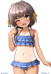 Rule 34 | 1girl, alternate costume, bikini, blue bikini, brown eyes, brown hair, cowboy shot, frilled bikini, frills, gluteal fold, kantai collection, navel, one eye closed, ray.s, short hair, short hair with long locks, smile, solo, sunburn, swimsuit, twitter username, ukuru (kancolle), yellow eyes