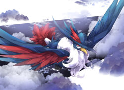 above_clouds bird closed_mouth cloud commentary_request dated flying gen_4_pokemon honchkrow lionbell nintendo no_humans pokemon pokemon_(creature) red_eyes signature solo