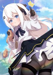 1girl absurdres ahoge ass black_gloves black_pantyhose black_skirt blue_eyes blush commission day food gloves hair_ornament hair_ribbon hairclip highres holding holding_food long_hair looking_at_viewer looking_back open_mouth original outdoors panties panties_under_pantyhose pantyhose ribbon shiro9jira shirt skeb_commission skirt sky solo taiyaki thighband_pantyhose thumbs_up underwear wagashi weapon white_hair white_panties white_shirt