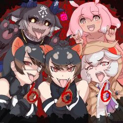 Rule 34 | 5girls, 666, \m/, alternate form, animal ears, animal hands, australian devil (kemono friends), baweng satanic leaf gecko (kemono friends), black hair, blush stickers, brown hair, claws, dark-skinned female, dark skin, debidebi debiru, debiru-sama, demon girl, demon horns, detached sleeves, double \m/, dress, empty eyes, extra ears, eyepatch, fangs, fins, frilled sleeves, frills, gloves, grey hair, head fins, hood, hood up, hooded jacket, horns, indoors, jacket, japanese pancake devilfish (kemono friends), kemono friends, kemono friends 3, kusamogura, long hair, long sleeves, medical eyepatch, medium hair, multicolored hair, multiple girls, necktie, nijisanji, ok sign, one eye covered, open mouth, pawpads, pink eyes, pink hair, pinky out, red eyes, sharp teeth, shirt, smile, tan, tasmanian devil (kemono friends), tasmanian devil ears, teeth, tongue, tongue out, two-tone hair, upper teeth only, v-shaped eyebrows, virtual youtuber, white hair