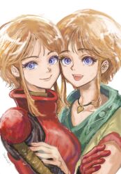 2girls brown_hair elpeo_puru gundam gundam_zz highres hug looking_at_viewer mecha_pilot_suit multiple_girls normal_suit_(gundam) okrdisk2000 open_mouth portrait purple_eyes puru_two side-by-side white_background