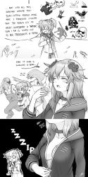 10s 2girls adult_neptune alternate_hairstyle bespectacled breasts clapping cleavage comic d-pad dark_souls_(series) dark_souls_i darth_vader english_text female_focus glasses godzilla godzilla_(series) greyscale hair_ornament halo_(game) halo_(series) head_out_of_frame highres hood isaki_tanaka jacket lab_coat laboratory large_breasts long_hair middle_finger monochrome multiple_girls neptune_(neptunia) neptune_(series) no_bra ponytail sangheili science science_fiction scientist shin_jigen_game_neptune_vii short_hair solaire_of_astora star_wars stormtrooper undressing unzipping upper_body white_background