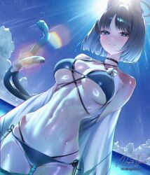 Rule 34 | 1girl, absurdres, animal ear fluff, animal ears, bakeneko, bikini, black choker, black nails, black tail, blue archive, blue bikini, blue halo, blue sky, blue tail, breasts, cat ears, cat girl, cat tail, choker, cleavage, closed mouth, cloud, cloudy sky, commentary request, criss-cross straps, day, fingernails, gradient tail, halo, haori, highres, japanese clothes, kikyou (blue archive), kikyou (swimsuit) (blue archive), layered bikini, looking at viewer, medium breasts, multiple tails, nail polish, naval cat holiday, navel, official alternate costume, outdoors, palm tree, short hair, side-tie bikini bottom, sky, smile, solo, swimsuit, tail, thighs, tree, two tails, white haori
