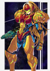 Rule 34 | 1girl, armor, bodysuit, breastplate, breasts, clenched hand, helmet, highres, large breasts, long hair, metroid, nintendo, pauldrons, ponytail, power suit (metroid), samus aran, shimure (460), shoulder armor, solo, varia suit
